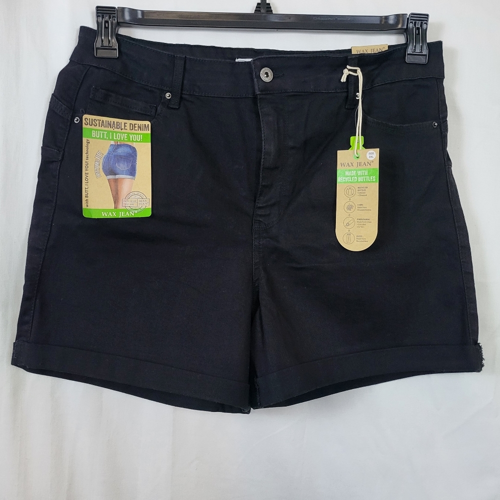 Wax Jean Women Plus Black Denim Butt I Love You High-Rise Push Up Shorts 3XL New
